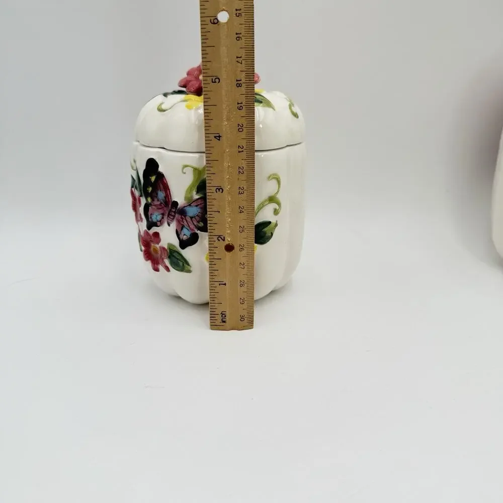 Butterfly Flower 3D White Pumpkin MCM Canister Set 1950s Cottagecore Floral VGC‎